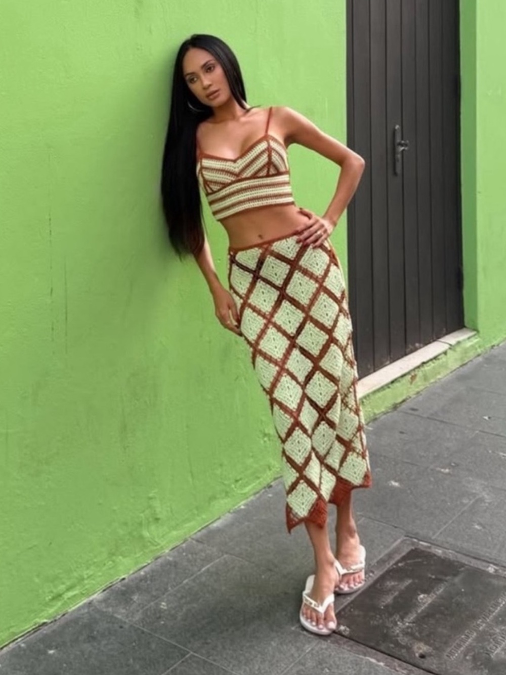 Zara Mint and Brown Crochet Two-Piece Midi Skirt Set - Picture 3 of 5